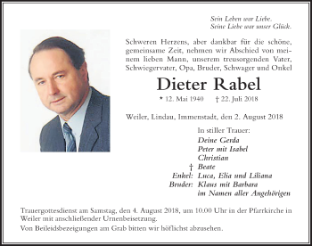 Traueranzeige von Dieter Rabel von Der Westallgäuer