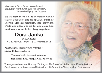 Traueranzeige von Dora Janko von Allgäuer Zeitung, Kaufbeuren/Buchloe