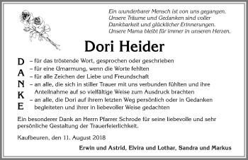 Traueranzeige von Dori Heider von Allgäuer Zeitung, Kaufbeuren/Buchloe