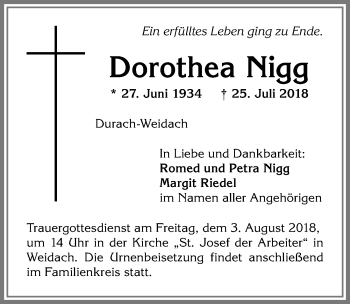 Traueranzeige von Dorothea Nigg von Allgäuer Zeitung,Kempten