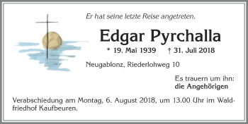 Traueranzeige von Edgar Pyrchalla von Allgäuer Zeitung, Kaufbeuren/Buchloe