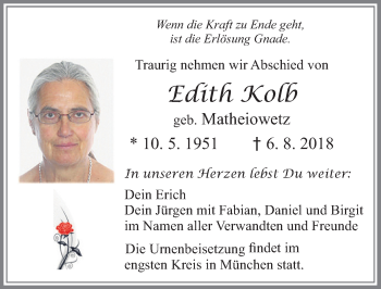 Traueranzeige von Edith Kolb von Allgäuer Zeitung, Füssen