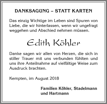 Traueranzeige von Edith Köhler von Allgäuer Zeitung,Kempten