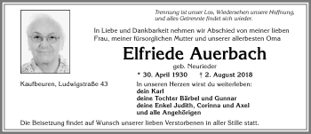 Traueranzeige von Elfriede Auerbach von Allgäuer Zeitung, Kaufbeuren/Buchloe