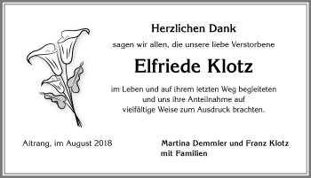Traueranzeige von Elfriede Klotz von Allgäuer Zeitung, Marktoberdorf