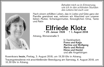 Traueranzeige von Elfriede Klotz von Allgäuer Zeitung, Marktoberdorf