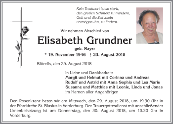 Traueranzeige von Elisabeth Grundner von Allgäuer Anzeigeblatt