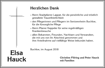 Traueranzeige von Elsa Hauck von Allgäuer Zeitung, Kaufbeuren/Buchloe