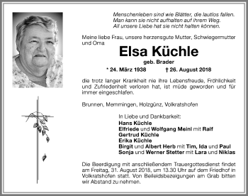 Traueranzeige von Elsa Küchle von Memminger Zeitung