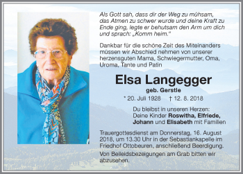 Traueranzeige von Elsa Langegger von Memminger Zeitung