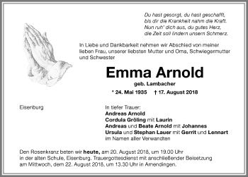 Traueranzeige von Emma Arnold von Memminger Zeitung
