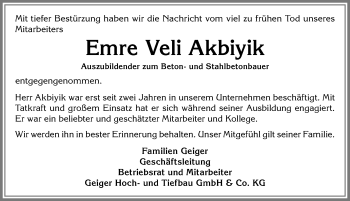 Traueranzeige von Emre Veli Akbiyik von Allgäuer Anzeigeblatt
