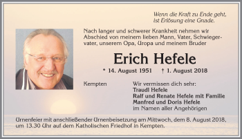Traueranzeige von Erich Hefele von Allgäuer Zeitung,Kempten