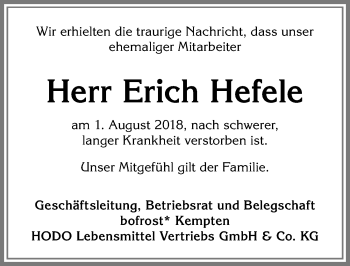 Traueranzeige von Erich Hefele von Allgäuer Zeitung,Kempten