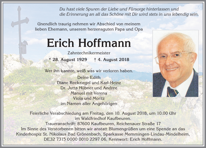  Traueranzeige für Erich Hoffmann vom 08.08.2018 aus Allgäuer Zeitung, Kaufbeuren/Buchloe