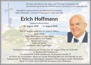 Traueranzeige von Erich Hoffmann von Allgäuer Zeitung, Kaufbeuren/Buchloe