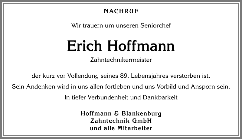  Traueranzeige für Erich Hoffmann vom 08.08.2018 aus Allgäuer Zeitung, Kaufbeuren/Buchloe