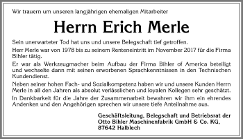 Traueranzeige von Erich Merle von Allgäuer Zeitung, Füssen