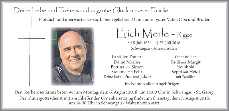  Traueranzeige für Erich Merle vom 02.08.2018 aus Allgäuer Zeitung, Füssen