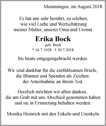 Traueranzeige von Erika Bock von Memminger Zeitung