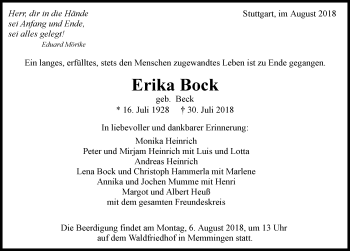 Traueranzeige von Erika Bock von Memminger Zeitung