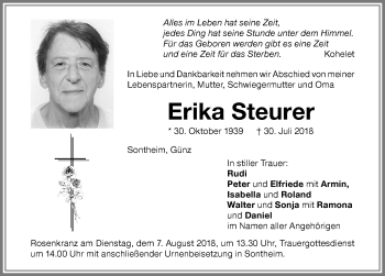 Traueranzeige von Erika Steurer von Memminger Zeitung