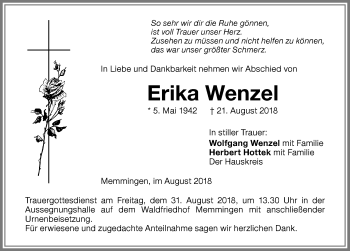 Traueranzeige von Erika Wenzel von Memminger Zeitung