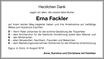 Traueranzeige von Erna Fackler von Memminger Zeitung