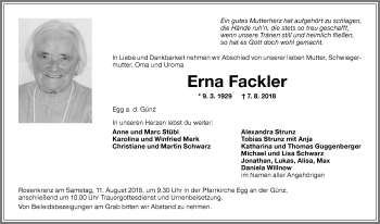 Traueranzeige von Erna Fackler von Memminger Zeitung