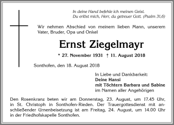 Traueranzeige von Ernst Ziegelmayr von Allgäuer Anzeigeblatt