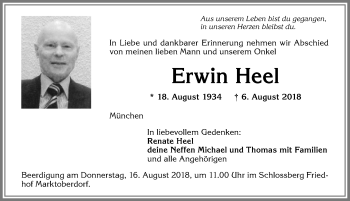 Traueranzeige von Erwin Heel von Allgäuer Zeitung, Marktoberdorf