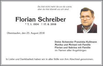 Traueranzeige von Florian Schreiber von Allgäuer Anzeigeblatt