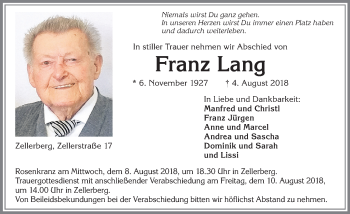 Traueranzeige von Franz Lang von Allgäuer Zeitung, Kaufbeuren/Buchloe