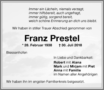 Traueranzeige von Franz Prestel von Memminger Zeitung