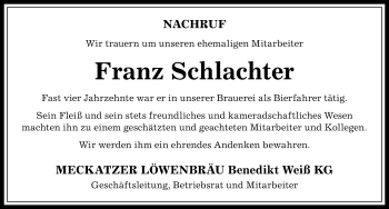 Traueranzeige von Franz Schlachter von Der Westallgäuer