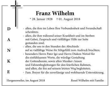Traueranzeige von Franz Wilhelm von Der Westallgäuer