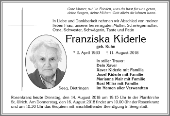 Traueranzeige von Franziska Kiderle von Allgäuer Zeitung, Füssen
