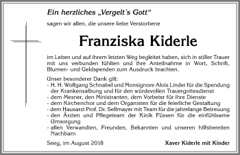 Traueranzeige von Franziska Kiderle von Allgäuer Zeitung, Füssen