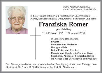 Traueranzeige von Franziska Romer von Allgäuer Zeitung, Marktoberdorf