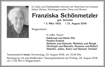 Traueranzeige von Franziska Schönmetzler von Allgäuer Zeitung,Kempten