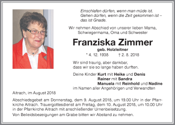 Traueranzeige von Franziska Zimmer von Memminger Zeitung