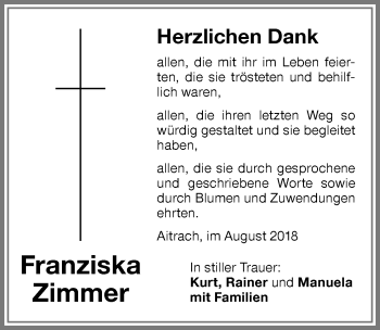 Traueranzeige von Franziska Zimmer von Memminger Zeitung