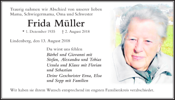Traueranzeige von Frida Müller von Der Westallgäuer