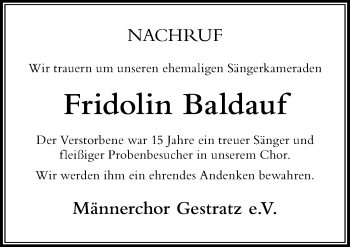 Traueranzeige von Fridolin Baldauf von Der Westallgäuer