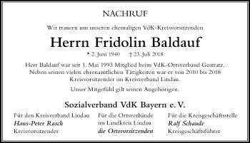 Traueranzeige von Fridolin Baldauf von Der Westallgäuer