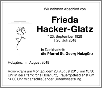 Traueranzeige von Frieda Hacker-Glatz von Memminger Zeitung