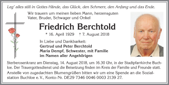 Traueranzeige von Friedrich Berchtold von Allgäuer Zeitung, Kaufbeuren/Buchloe