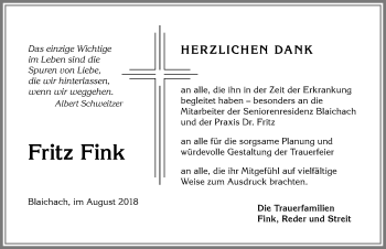 Traueranzeige von Fritz Fink von Allgäuer Anzeigeblatt