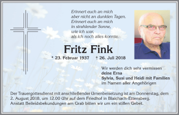 Traueranzeige von Fritz Fink von Allgäuer Anzeigeblatt