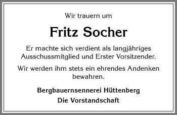 Traueranzeige von Fritz Socher von Allgäuer Anzeigeblatt